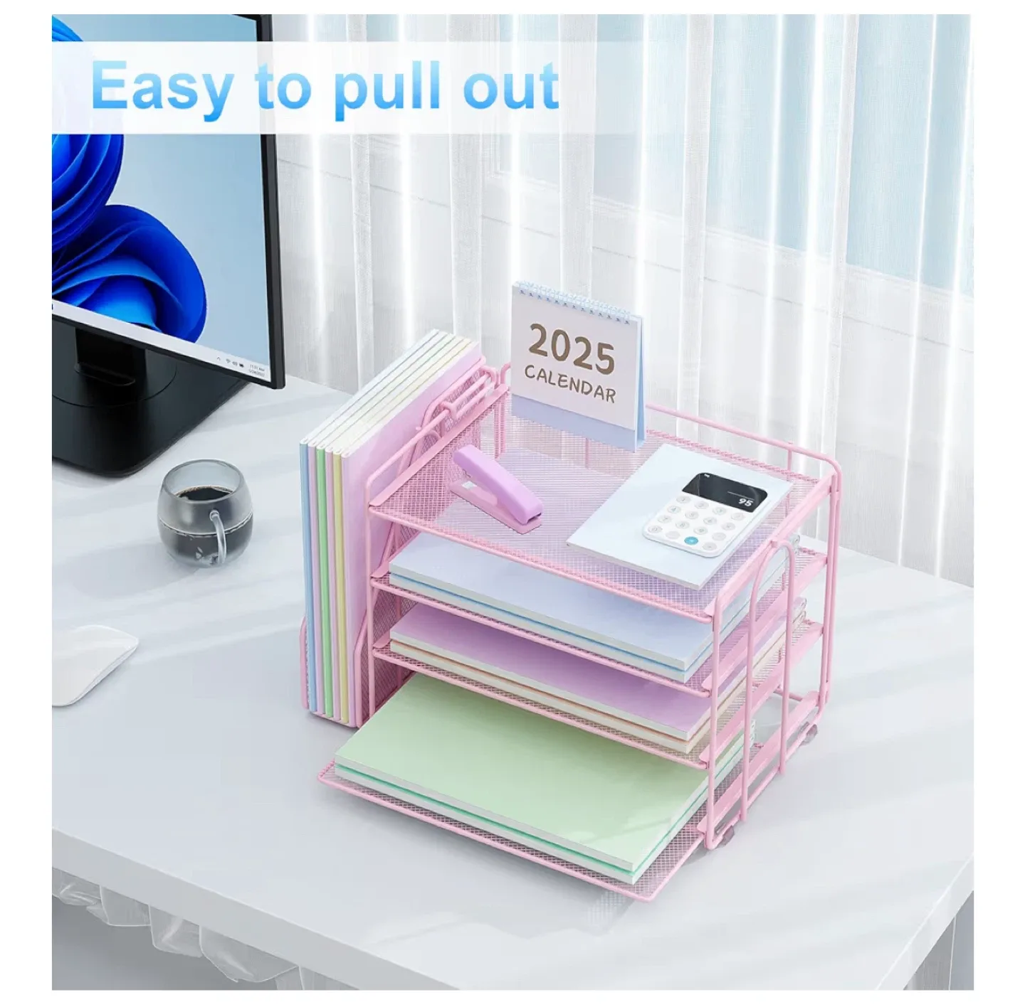 Pink Mesh Desk Organizer with 4 Sliding Trays image indicator(4)