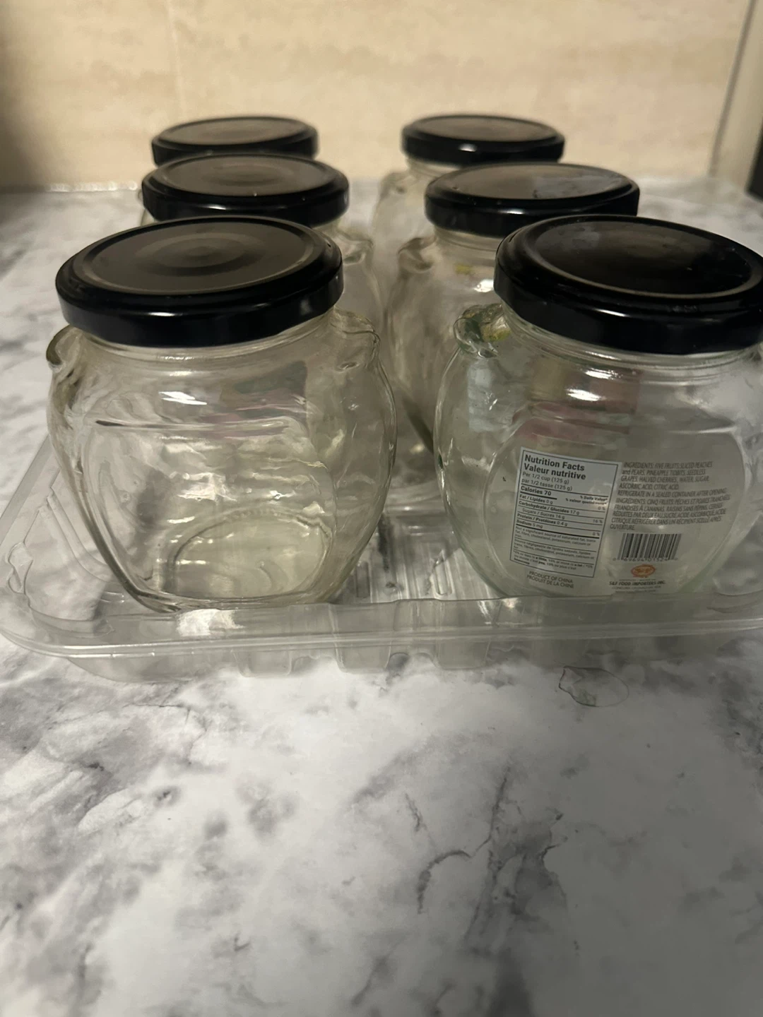6 Empty Glass Jars with Black Lids
