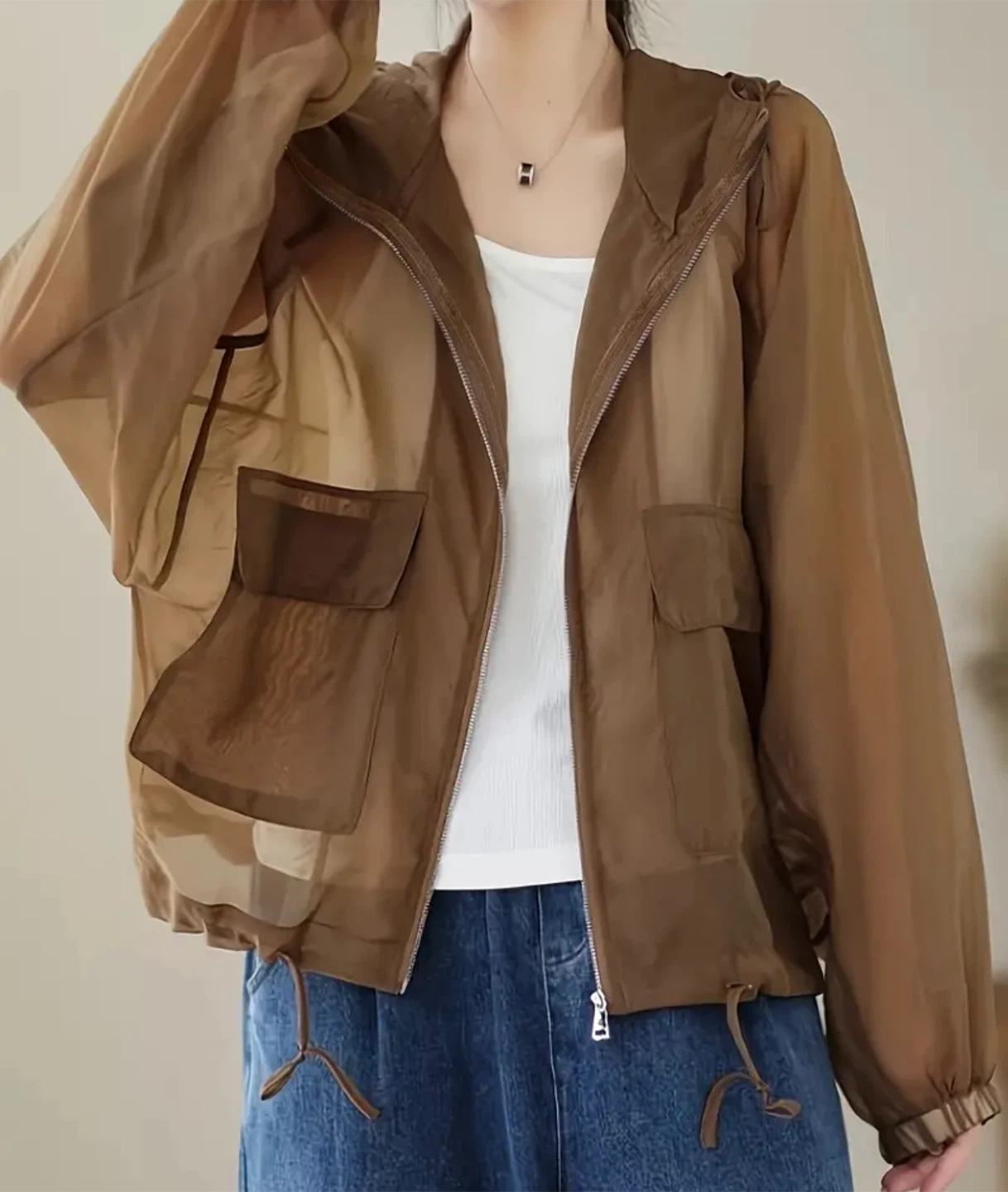 Brown Sheer Hooded Jacket