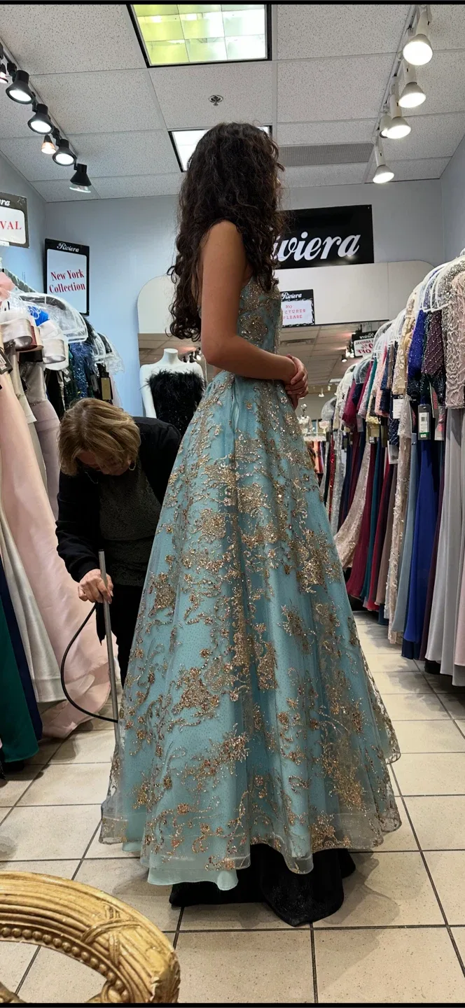 Grad dress  Light Blue & Gold Embellished Formal Dress image indicator(3)