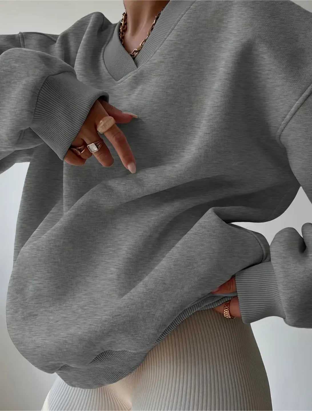 Grey Oversized V-Neck Sweatshirt - photo 4