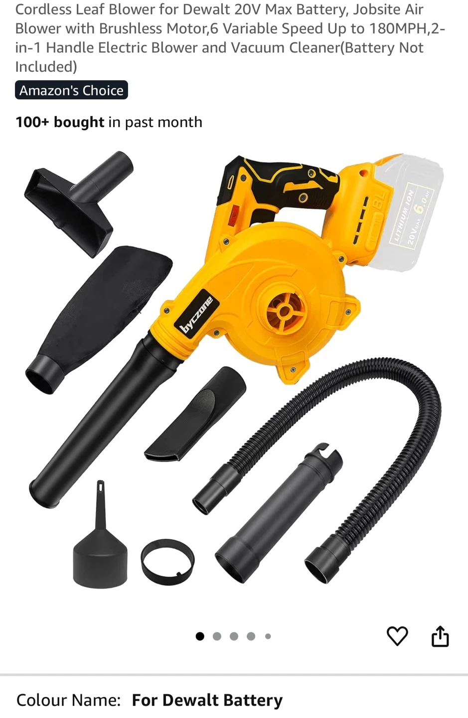 2-in-1 Cordless Handheld Leaf Blower For Dewalt 20V Max Batteries – 180 MPH, Lightweight, Yellow (Battery Not Included)