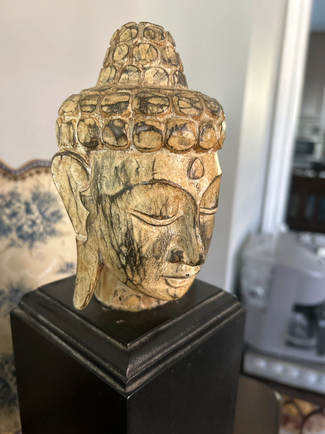Wooden Buddha Head Statue on Black Stand