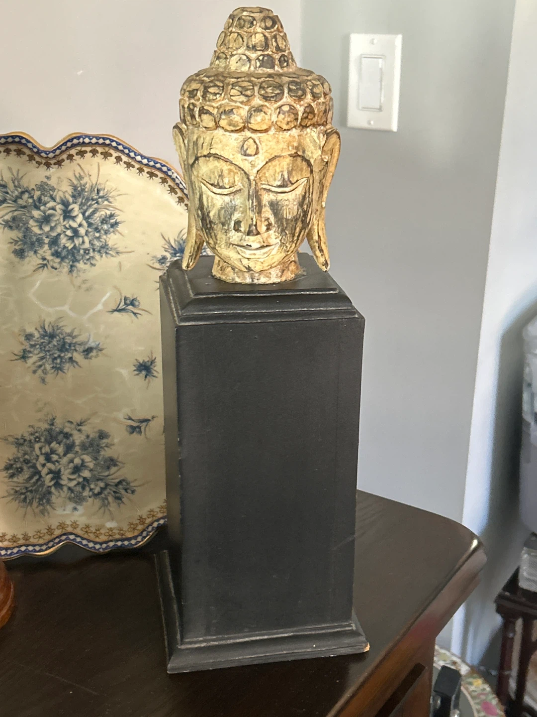 Wooden Buddha Head Statue on Black Stand - photo 3