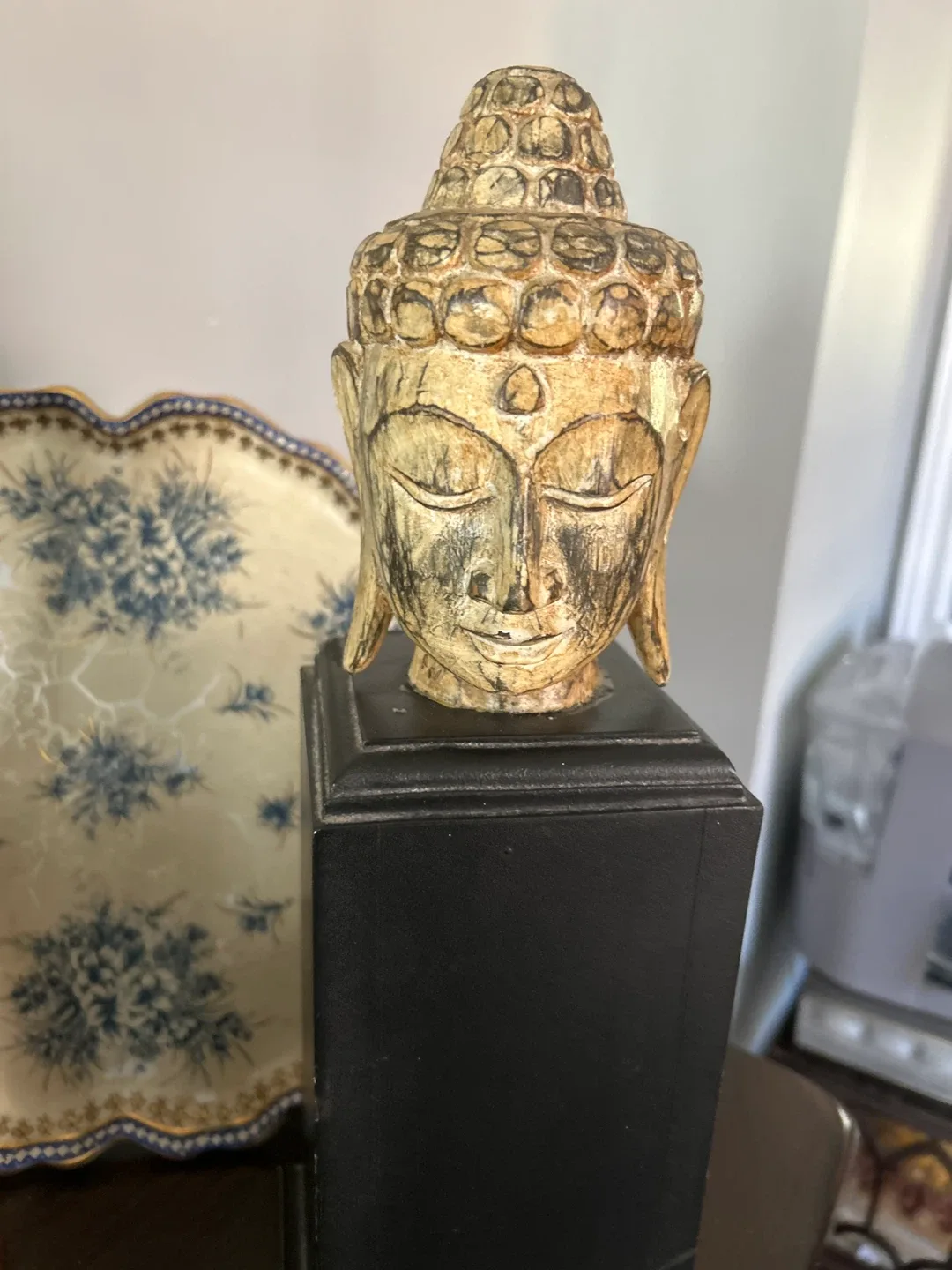 Wooden Buddha Head Statue on Black Stand image indicator(4)