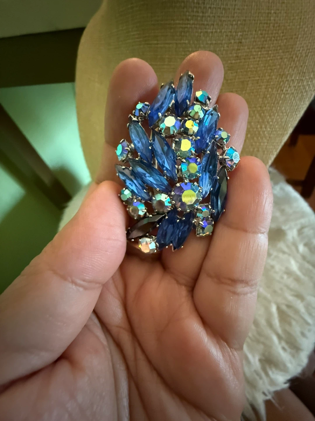 Vintage Aurora Borealis Blue Crystals Brooch