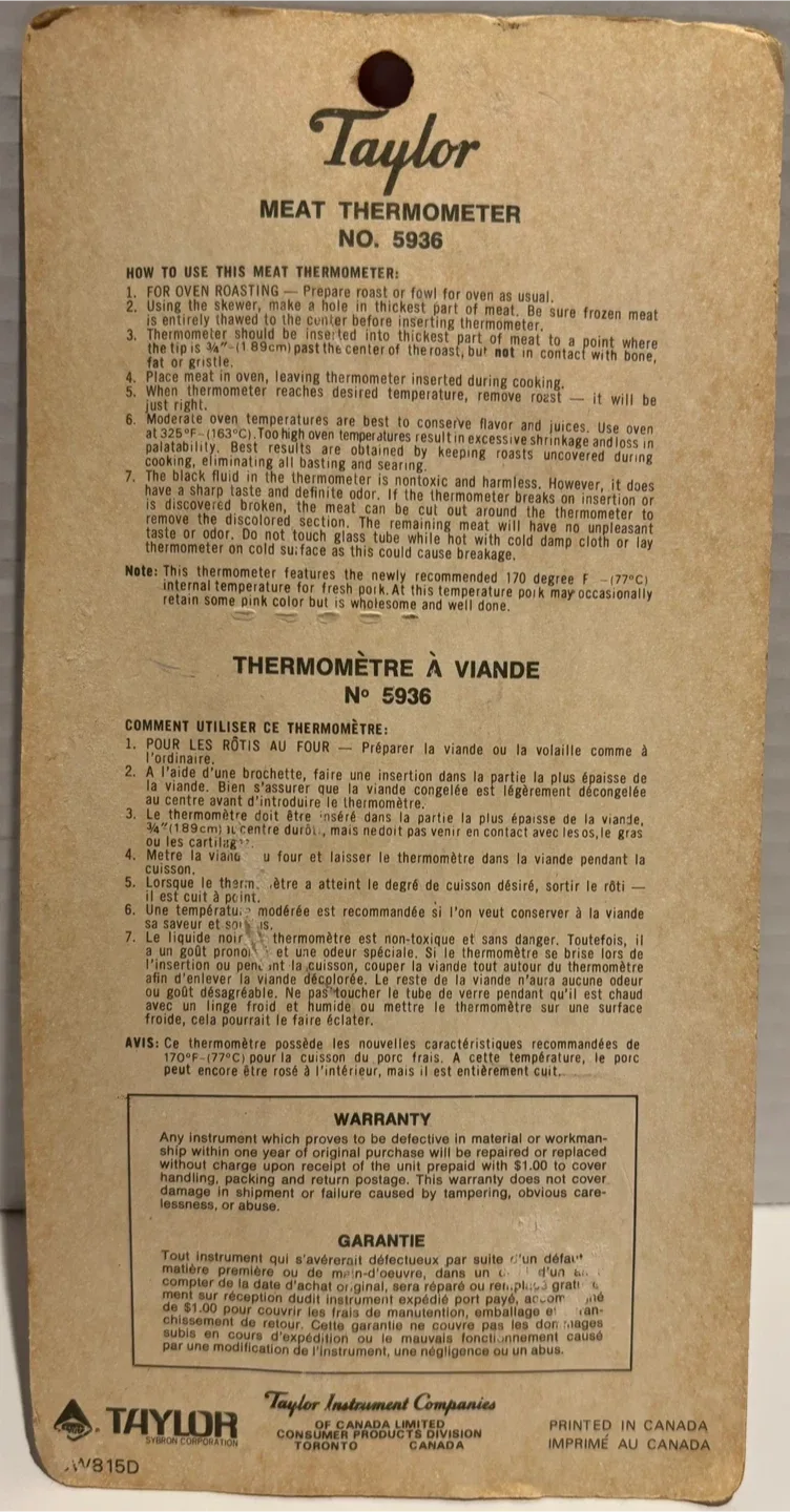 Vintage 1969’s Taylor Meat Thermometer No. 5936 - Sealed image indicator(3)