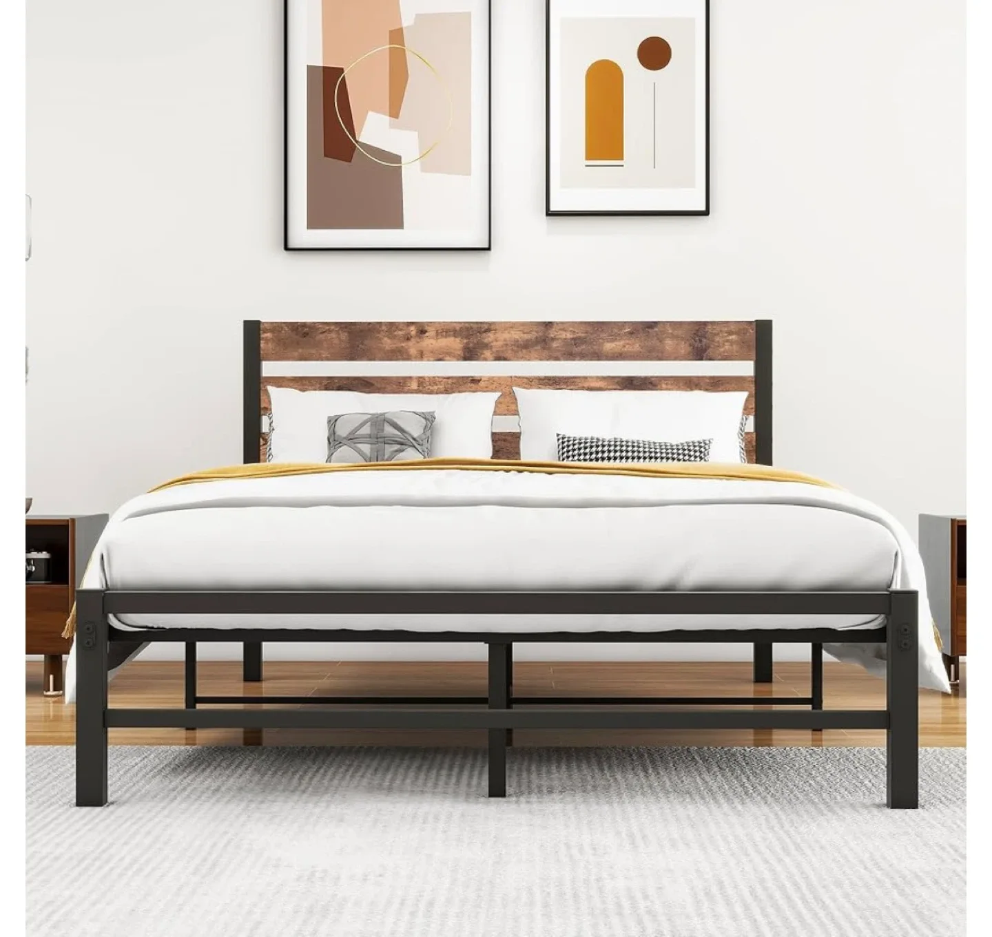 Full Size Metal Bed Frame with Wooden Headboard image indicator(4)