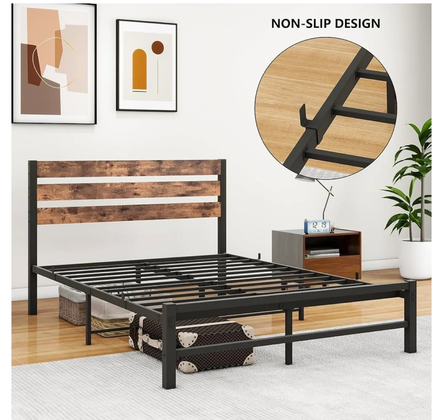 Full Size Metal Bed Frame with Wooden Headboard image indicator(5)