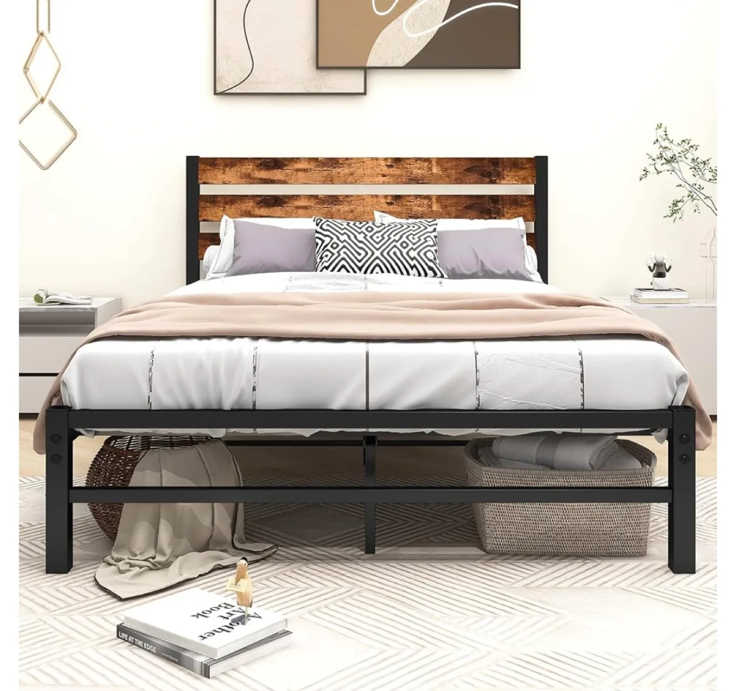 Full Size Metal Bed Frame with Wooden Headboard thumbnail
