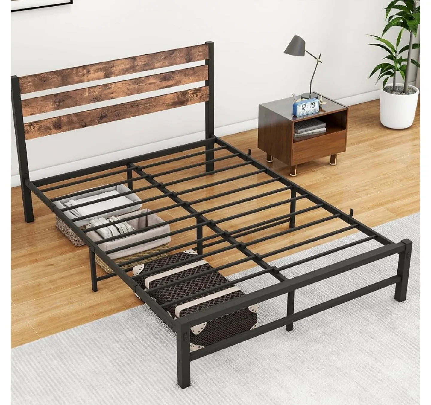 Full Size Metal Bed Frame with Wooden Headboard image indicator(6)