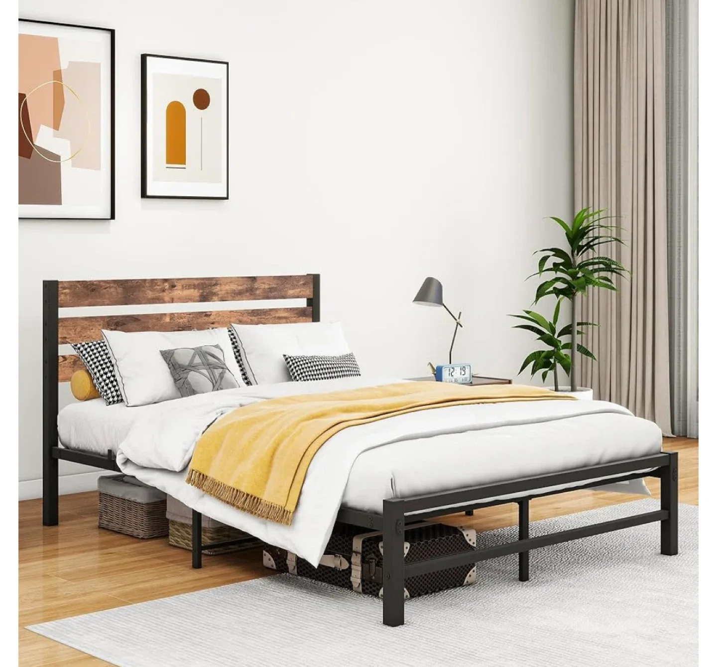 Full Size Metal Bed Frame with Wooden Headboard image indicator(3)