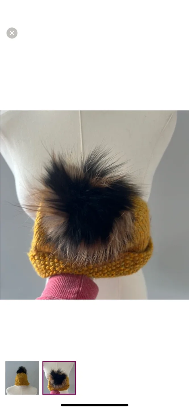 Hand Knit Mustard Yellow Wool Beanie with Fur Pom image indicator(2)