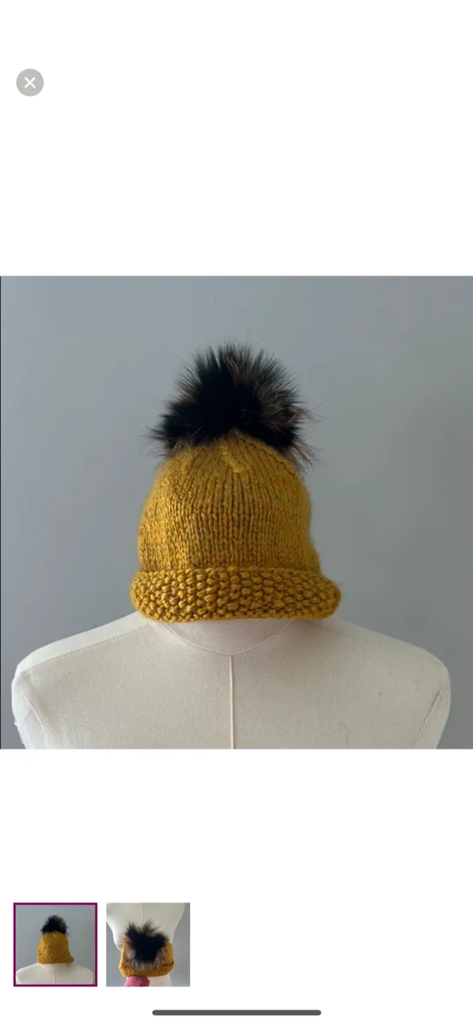 Hand Knit Mustard Yellow Wool Beanie with Fur Pom thumbnail