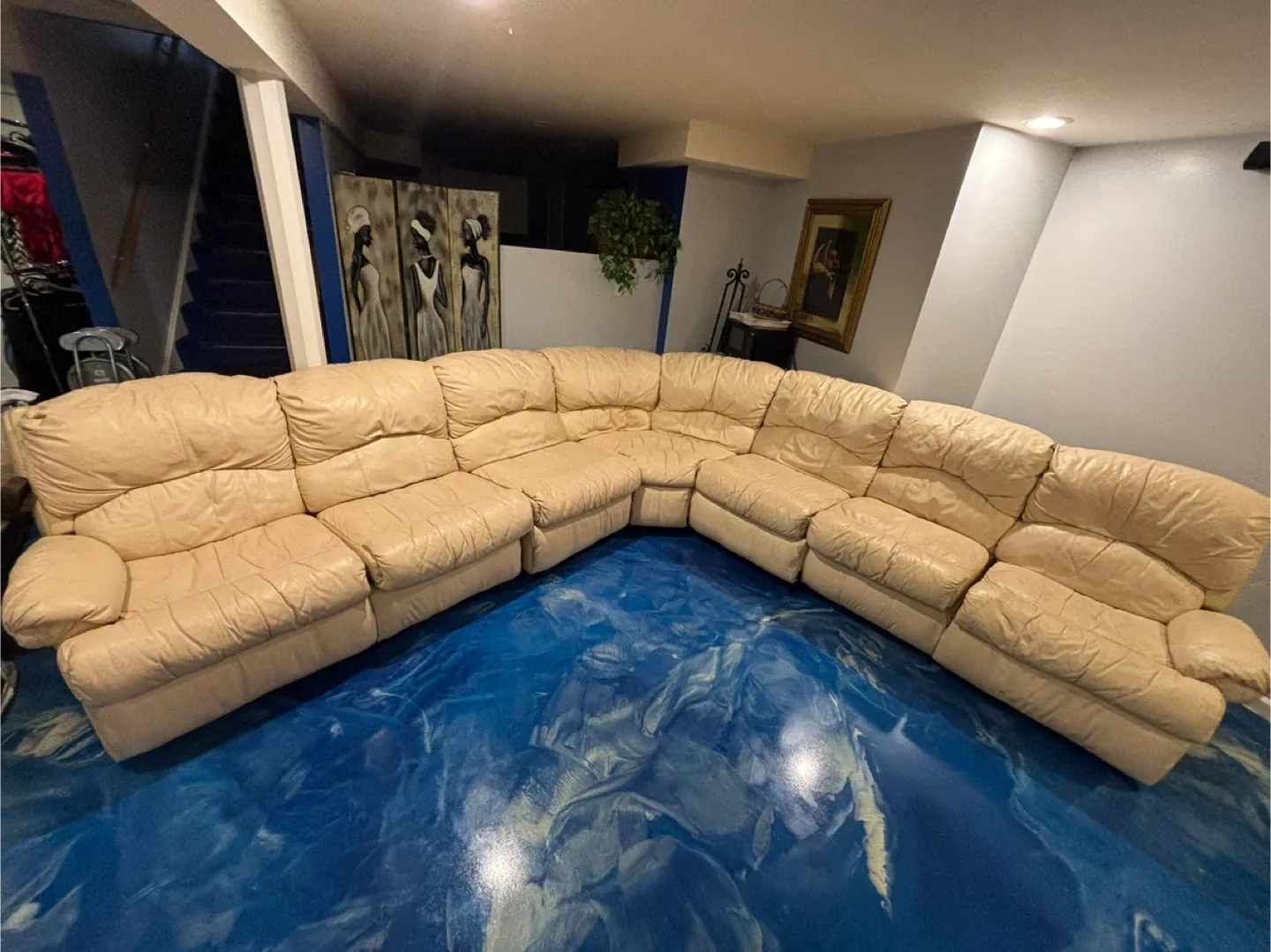 Beige Leather Sectional Sofa and Love Seat