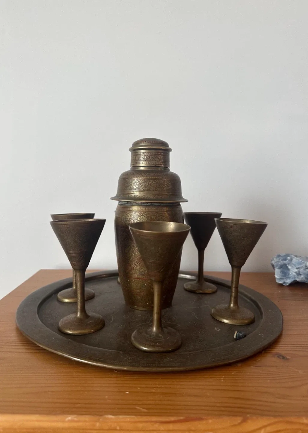 Vintage Brass Cocktail Shaker Set with Tray & 6 Glasses image indicator(2)