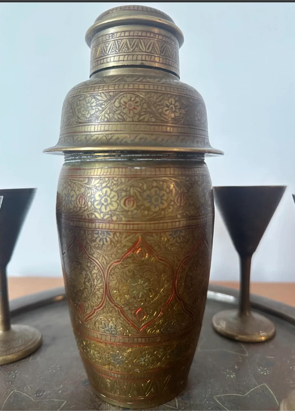 Vintage Brass Cocktail Shaker Set with Tray & 6 Glasses image indicator(3)