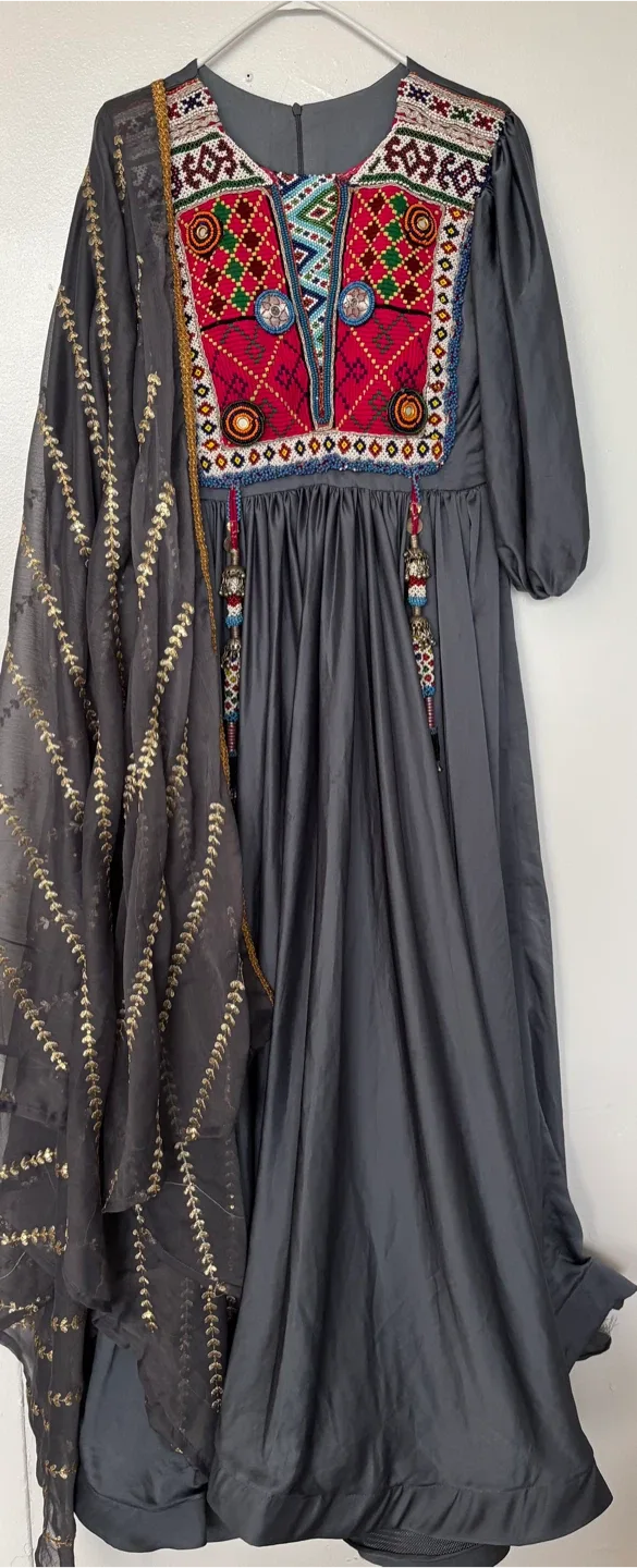 Grey Embroidered Afghan Dress with Scarf