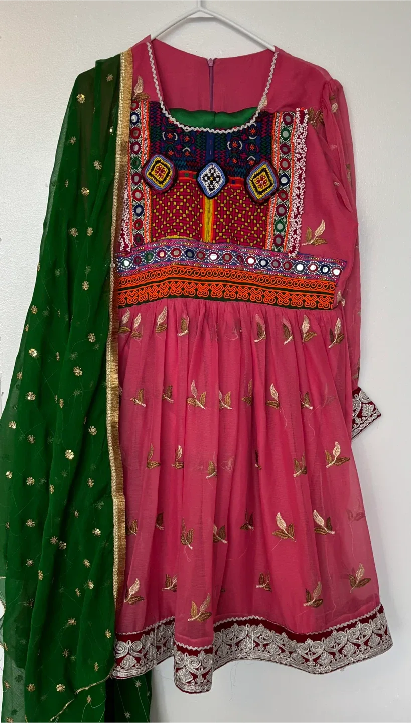 Pink Afghan Dress with Green Scarf