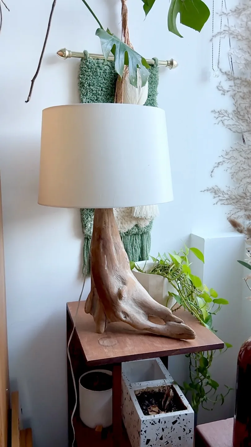 Cottage-Core Hand-Carved Vintage Wood Lamp 🤎 With Drum Shade