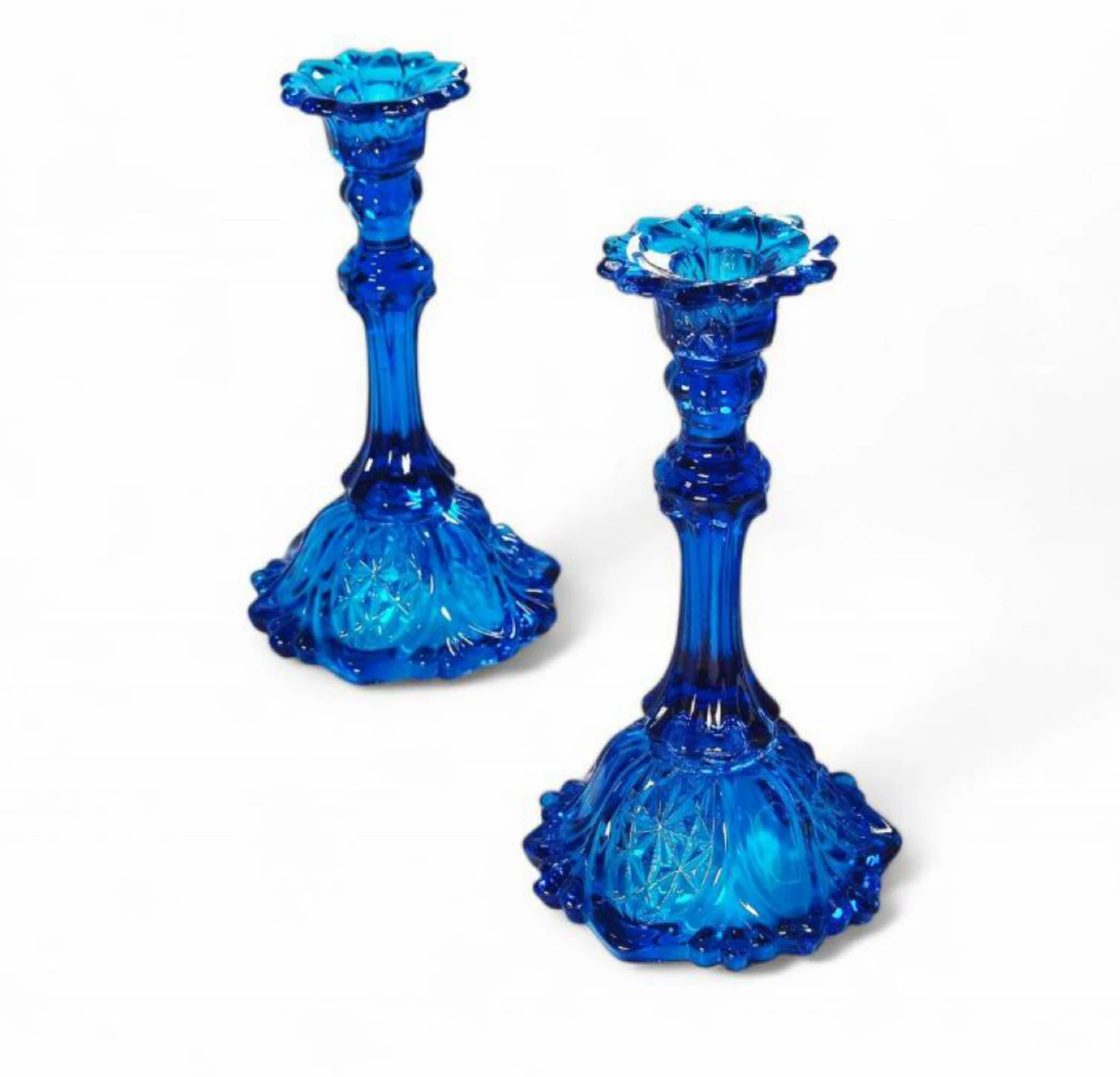 Vintage Blue Glass Candlestick Holders (Pair)