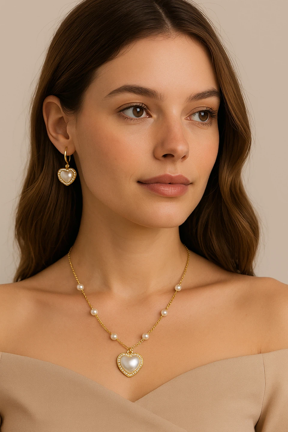 Heart Pearl Necklace & Earring Set - New in Box