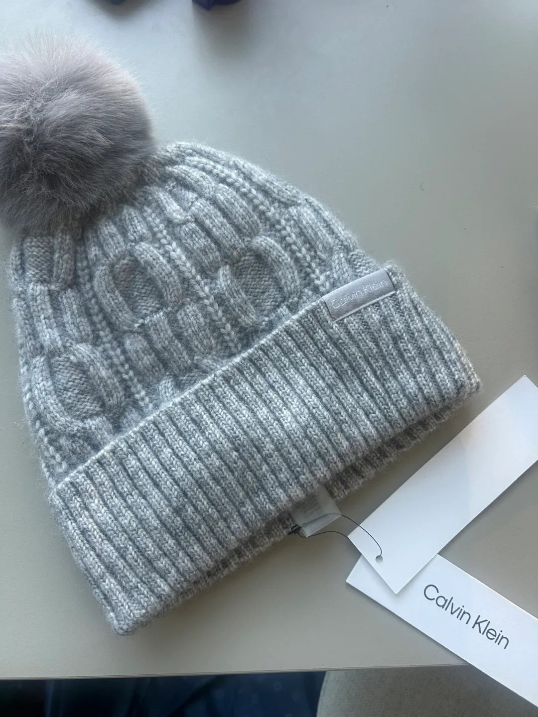 New Calvin Klein Grey Pom Pom Knit Hat