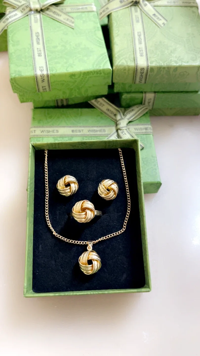 Gold Tone Knot Jewelry Set - Necklace, Ring, Earrings image indicator(2)