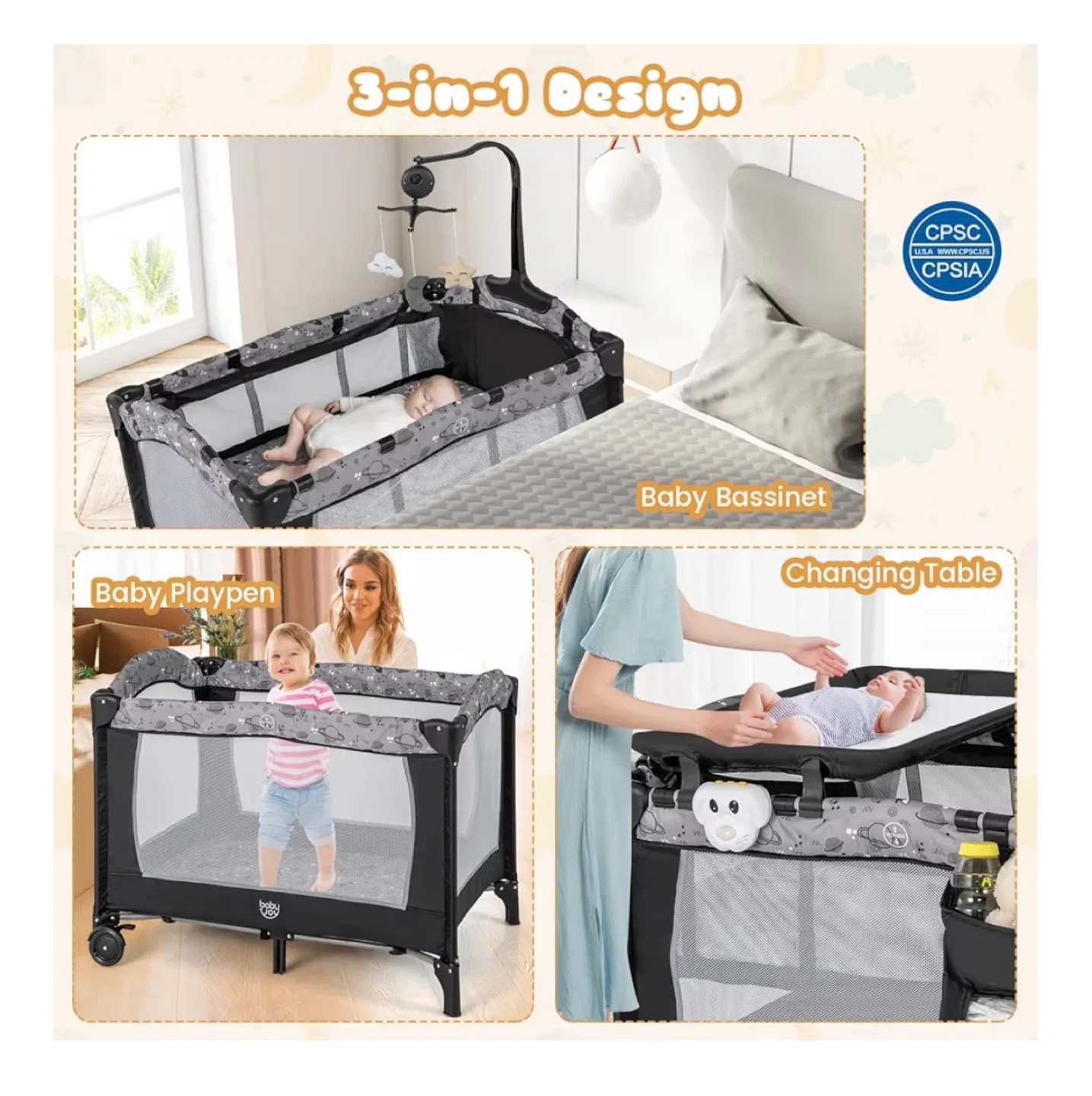 3 in 1 pack and play, portable bassinet, changing table etc image indicator(4)