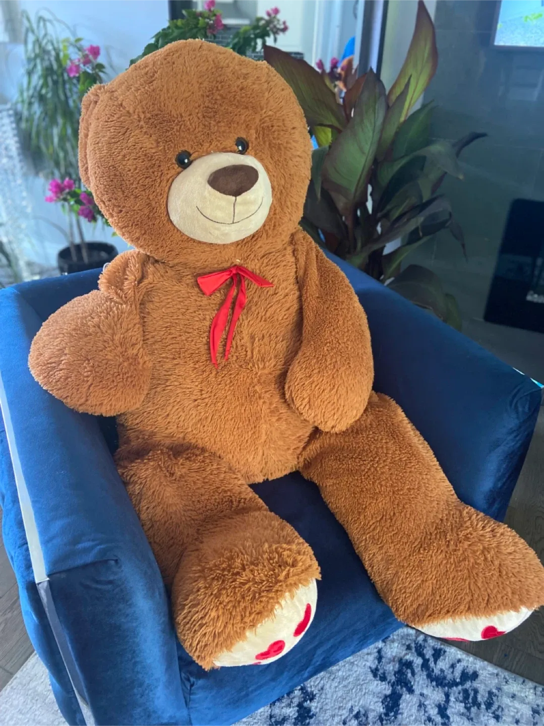 Giant Brown Teddy Bear with Red Bow image indicator(2)