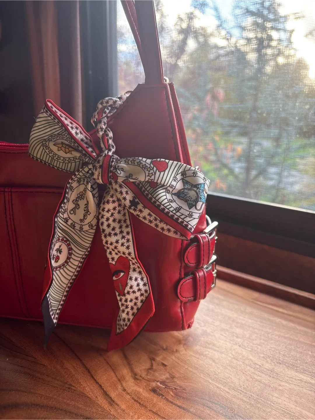 Red Leather Handbag with Scarf image indicator(3)
