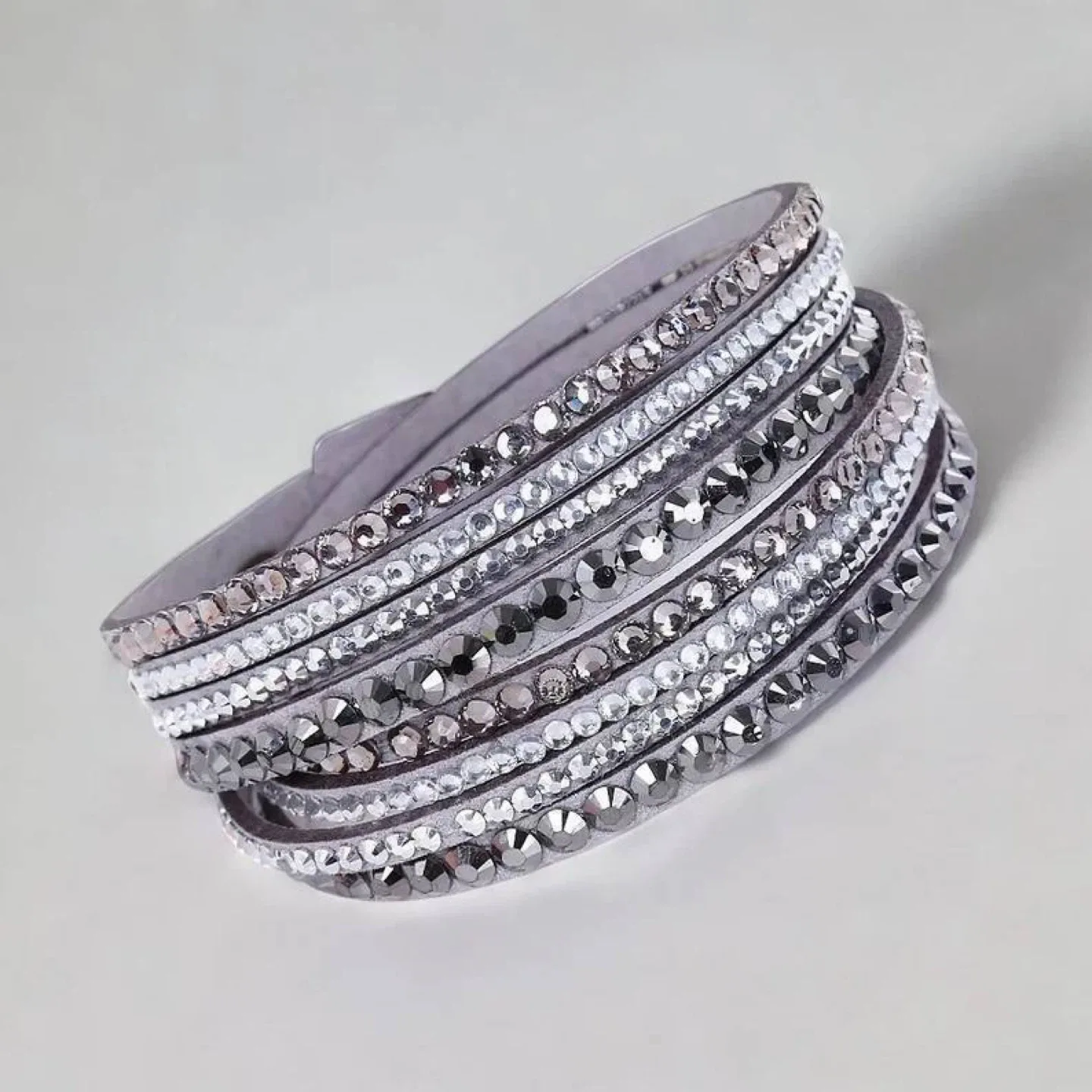 Grey Leather Wrap Bracelet with Crystals, Swarovski thumbnail