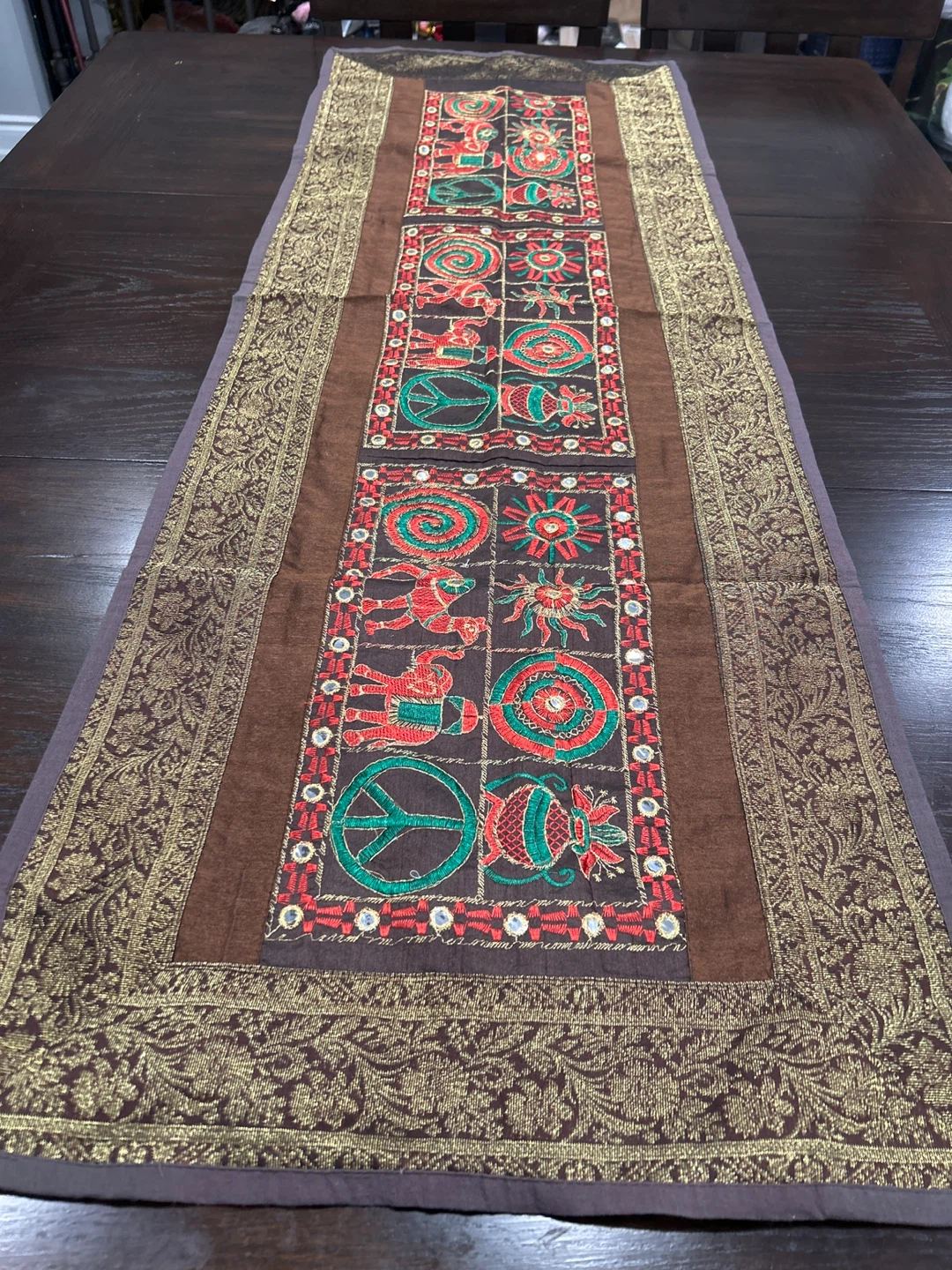 Embroidered Brown Table Runner Brocade, silk and cotton