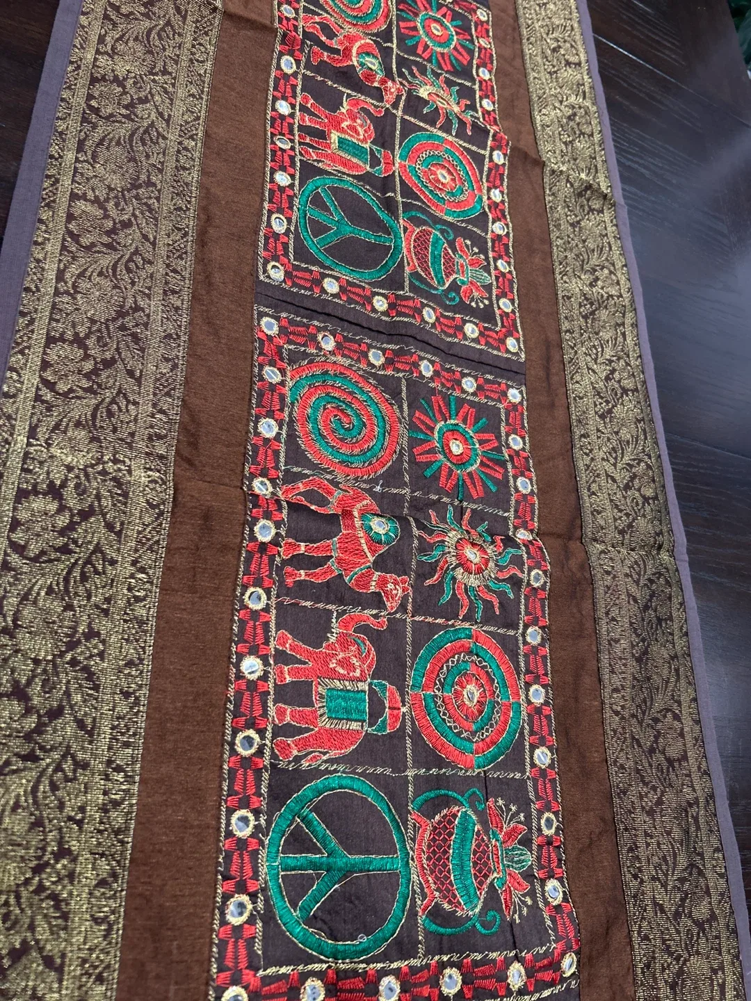 Embroidered Brown Table Runner Brocade, silk and cotton image indicator(2)