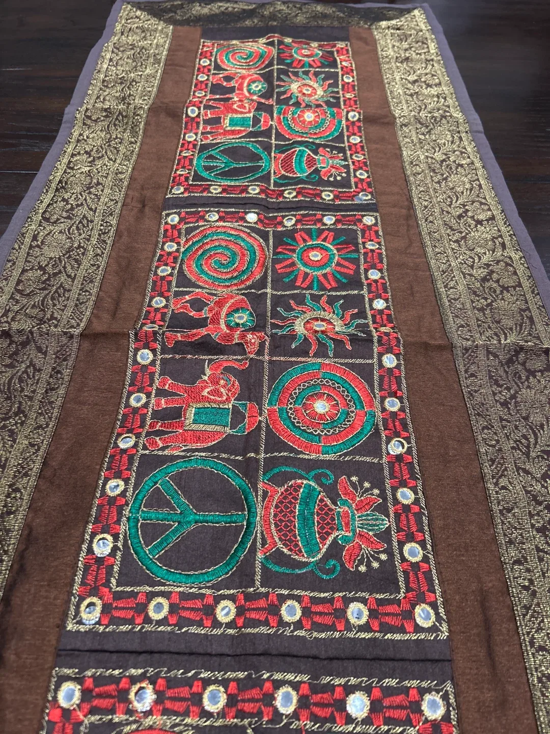 Embroidered Brown Table Runner Brocade, silk and cotton image indicator(3)