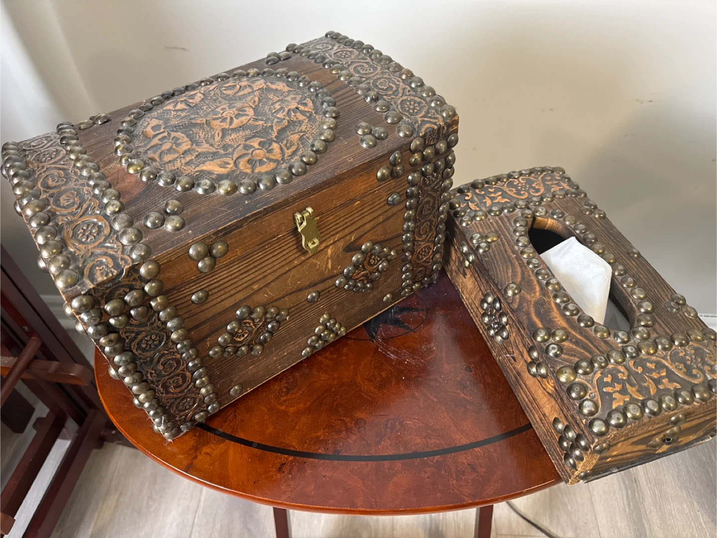 Ornate Wooden Box & Tissue Holder Set