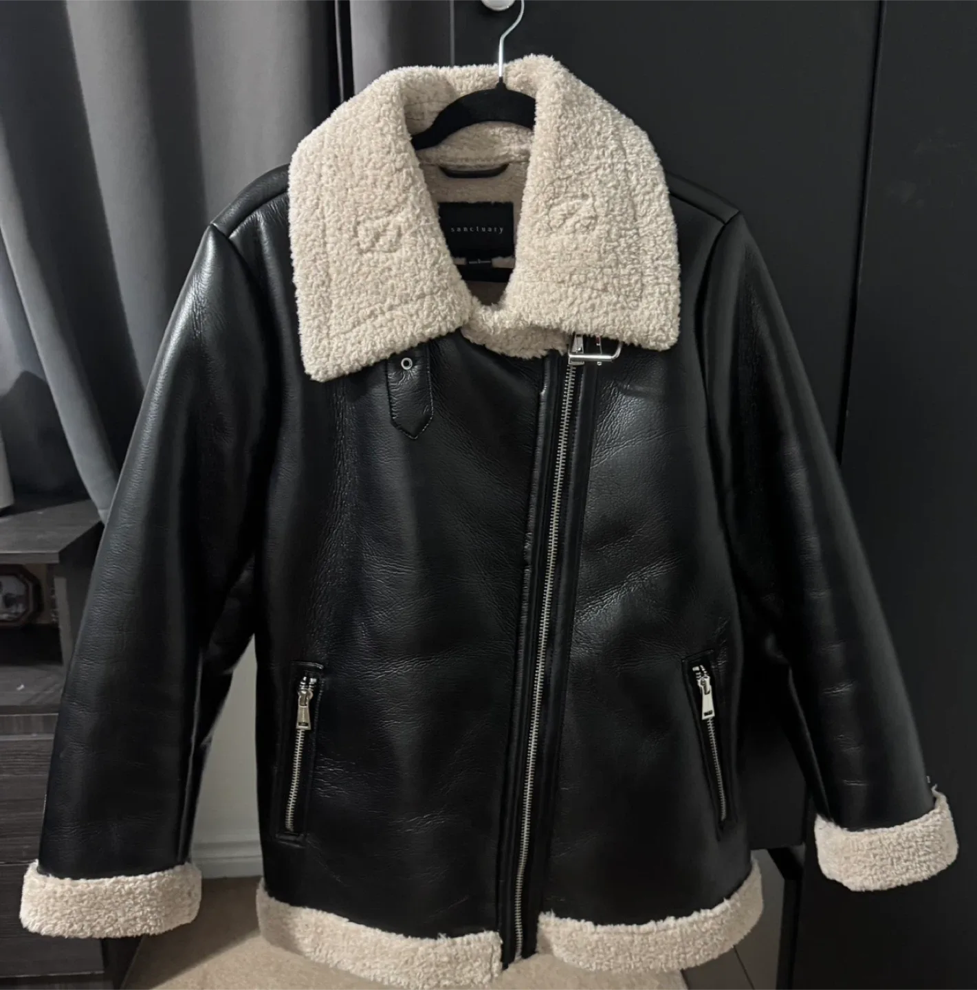 Sanctuary Black Faux Leather Aviator Jacket