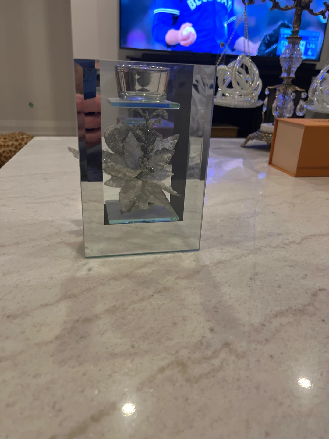 Mirrored Candle Holder with Floral Accent