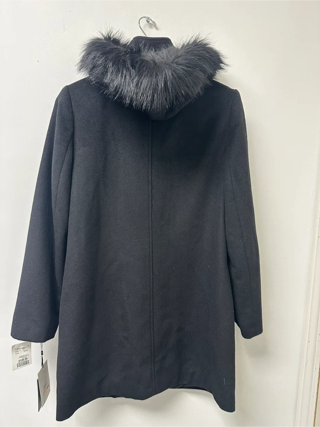 DKNY Black Coat with Faux Fur Hood - Size S image indicator(3)