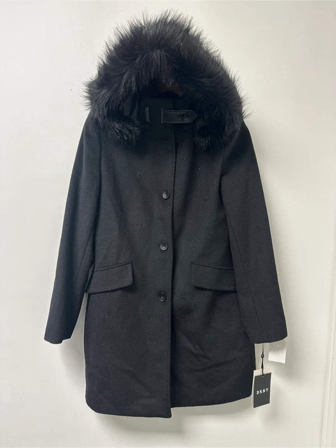DKNY Black Coat with Faux Fur Hood - Size S image indicator(2)