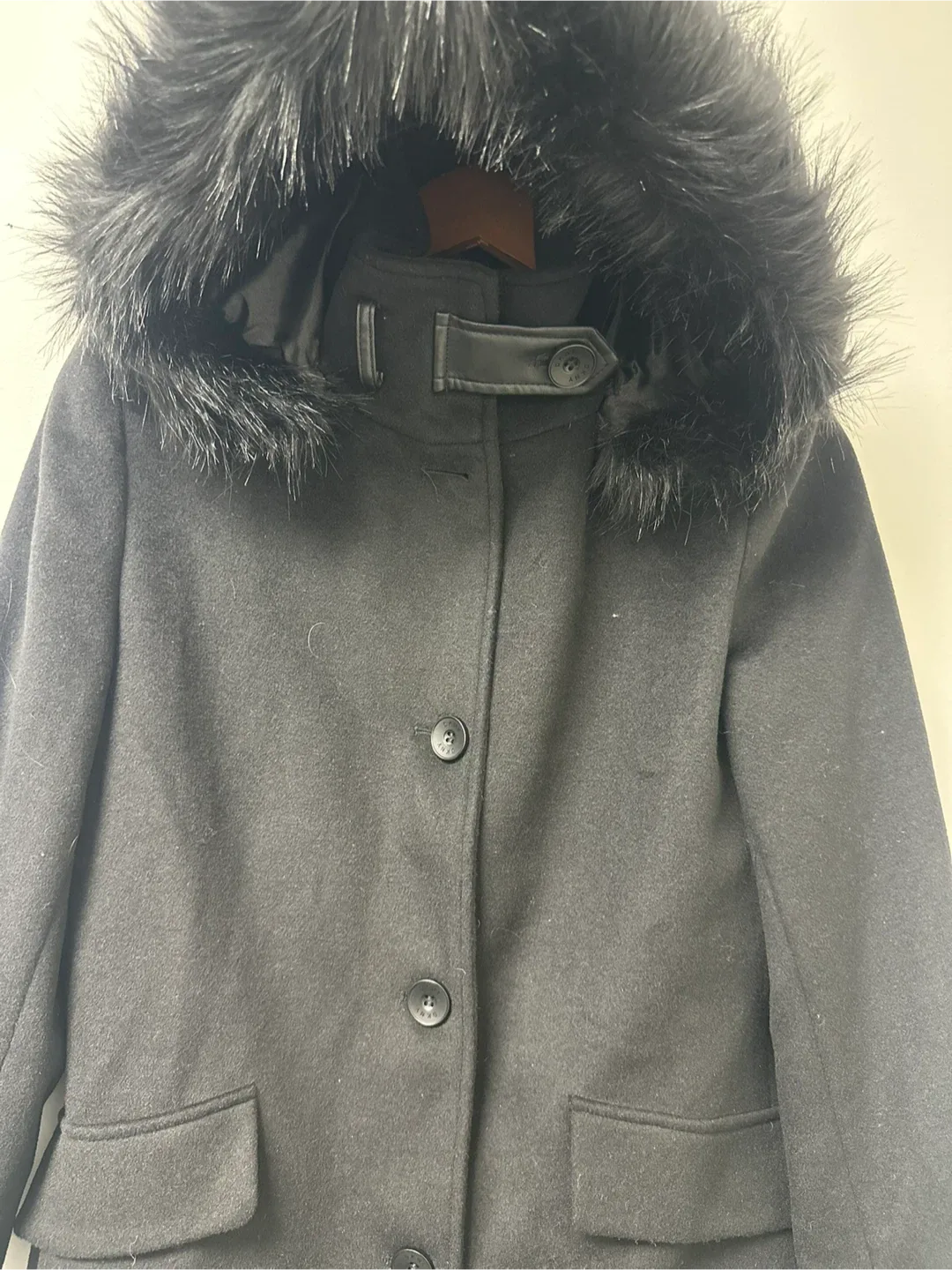 DKNY Black Coat with Faux Fur Hood - Size S image indicator(4)