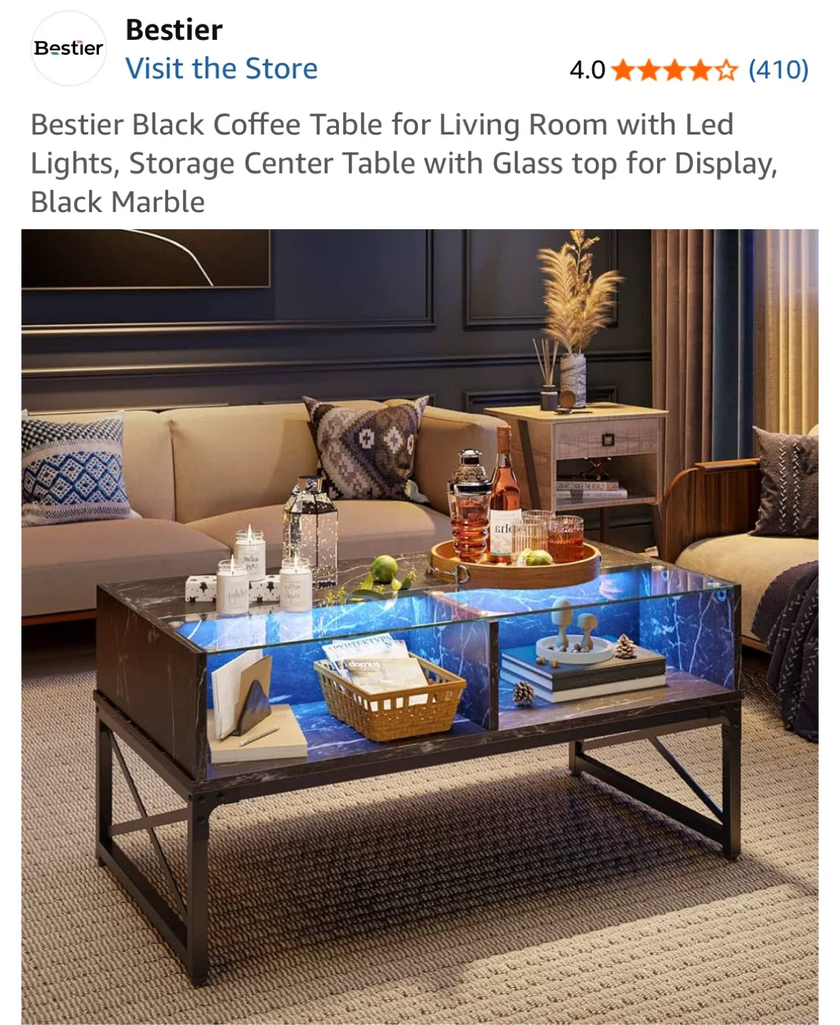 Bestier Black Coffee Table w/ LED & Storage image indicator(5)