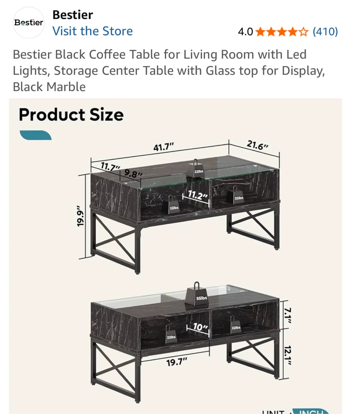 Bestier Black Coffee Table w/ LED & Storage image indicator(2)