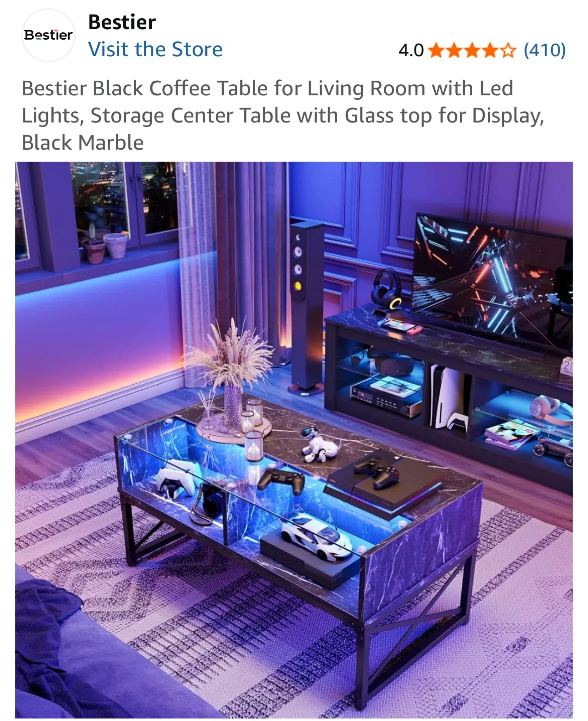 Bestier Black Coffee Table w/ LED & Storage image indicator(6)