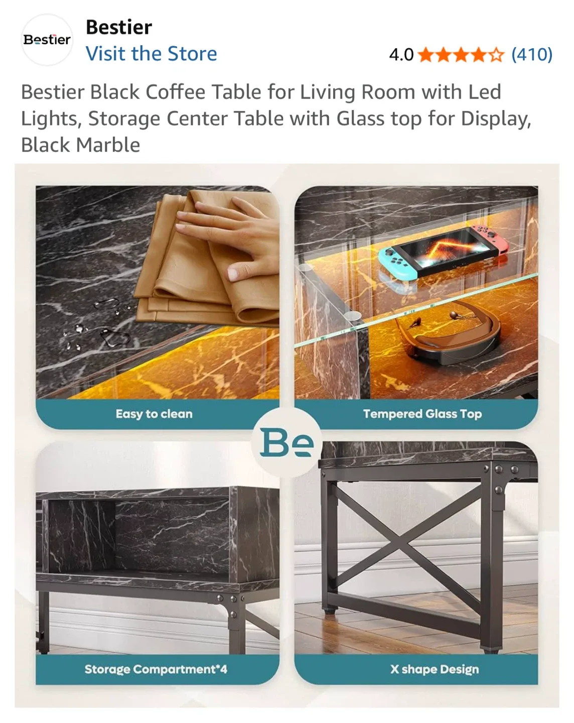 Bestier Black Coffee Table w/ LED & Storage image indicator(3)