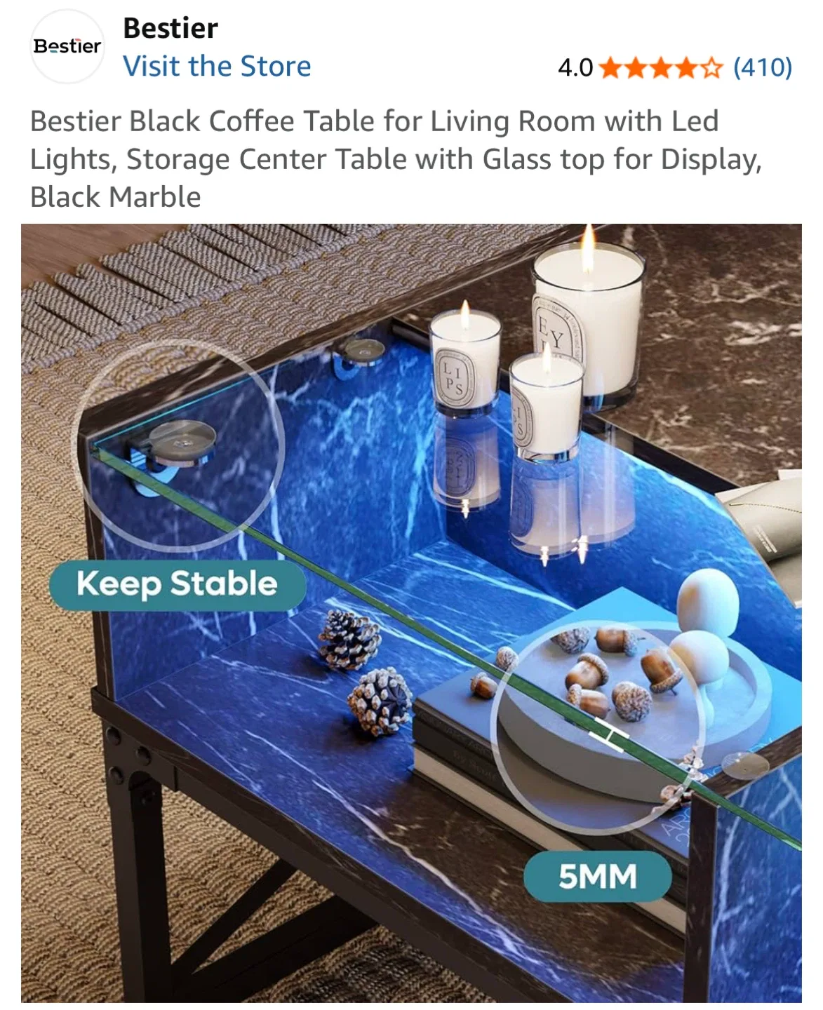 Bestier Black Coffee Table w/ LED & Storage image indicator(4)