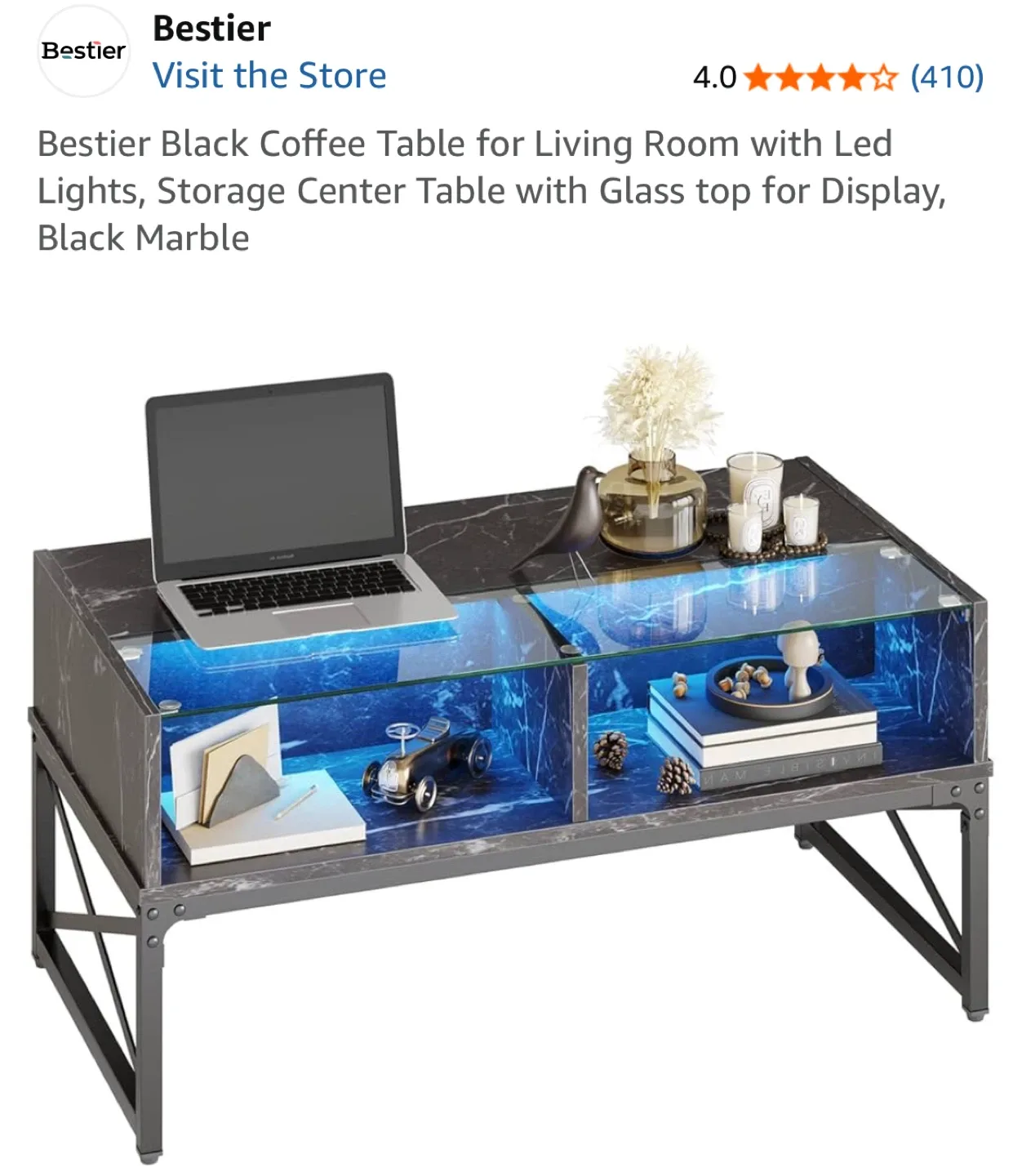 Bestier Black Coffee Table w/ LED & Storage image indicator(7)