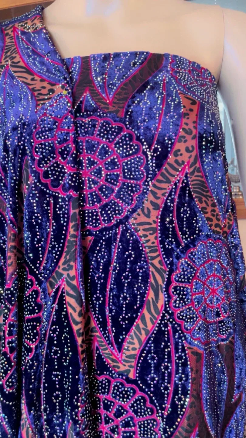 Purple Velvet Fabric with Floral Design