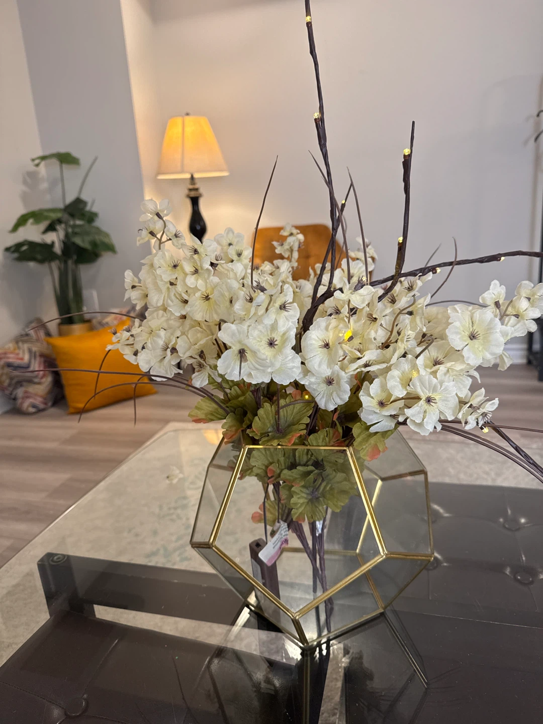 Floral Arrangement in Gold Geometric Vase