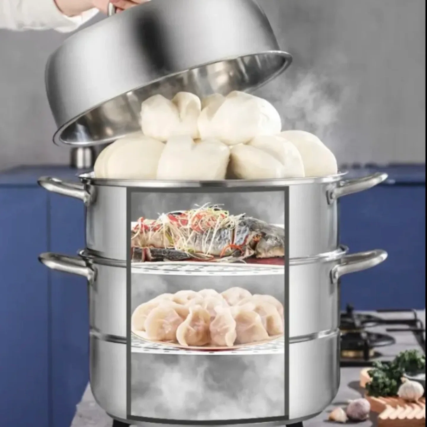 3 Tier Large Stainless Steel Steamer - New image indicator(3)